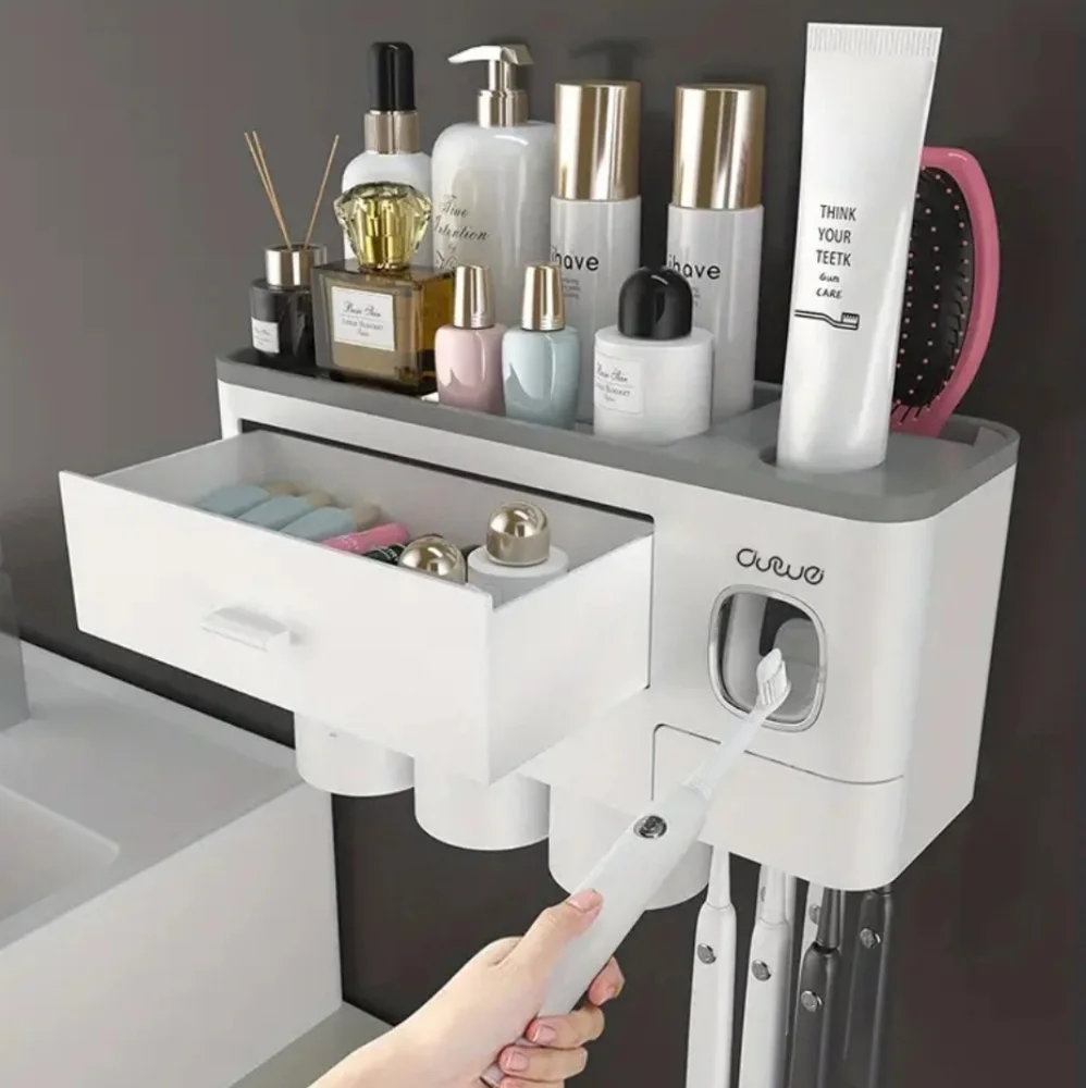Bathroom wall toothpaste dispenser with cups and extra storage